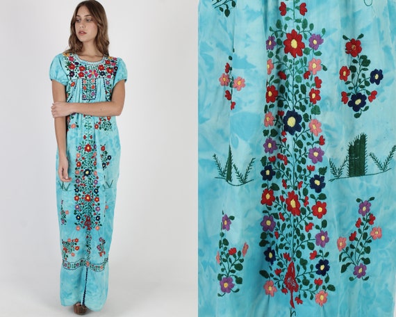 Long Tie Dye Mexican Dress / Vintage Teal Heavily