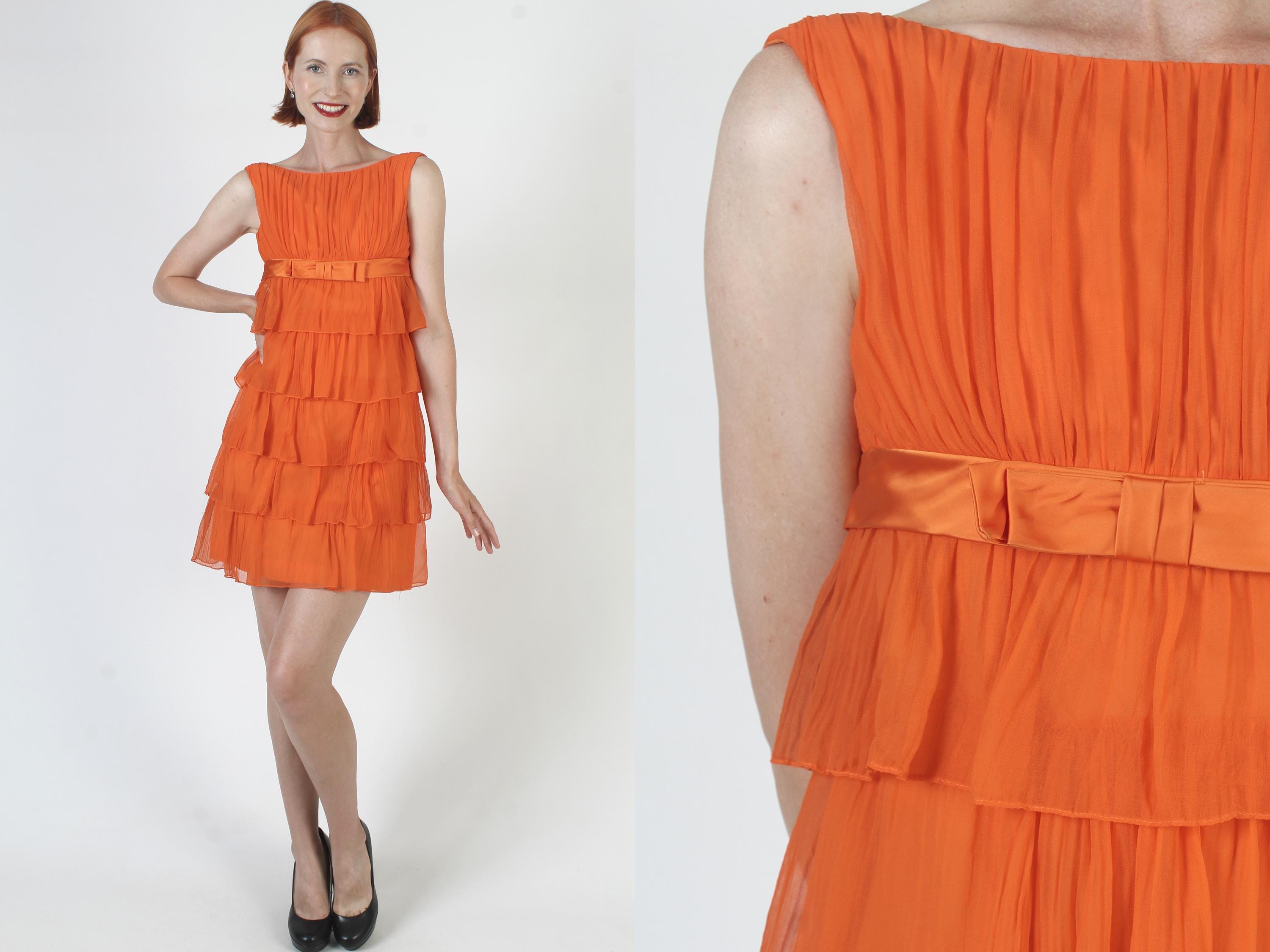 Vestido de fiesta de cóctel de gasa naranja, minivestido vintage