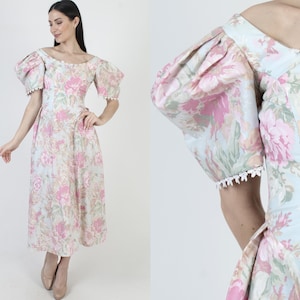 Garden Floral Cottage Dress, Victorian Puff Sleeve Gown, Rose Print Tea Party, Vintage 80s Tea Length