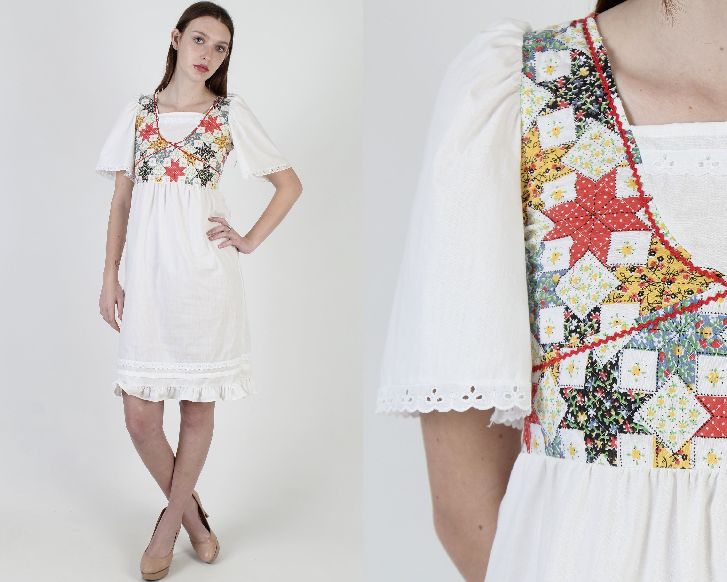 Vintage 70s White Eyelet Dress / Patchwork Quilted Floral - Etsy
