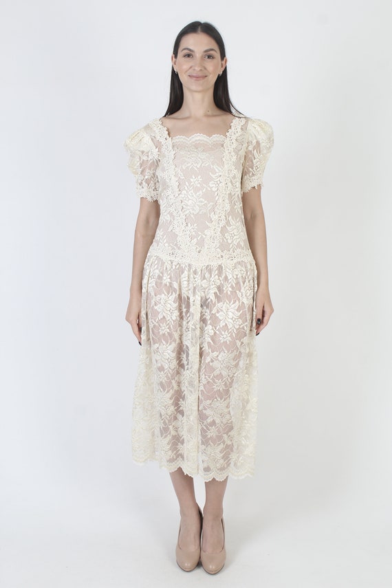 Art Deco Floral Lace Dress 80s Sheer Wedding Gown… - image 2