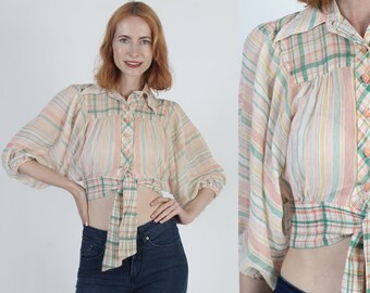 Jody T Prairie Blouse Vintage 70s Striped Poet Sleeve Crop Top Womens Button Up Half Shirt
