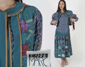 Vintage Jeanne Marc Designer 80s Leaf Nature Baggy Dress Size S 8 10