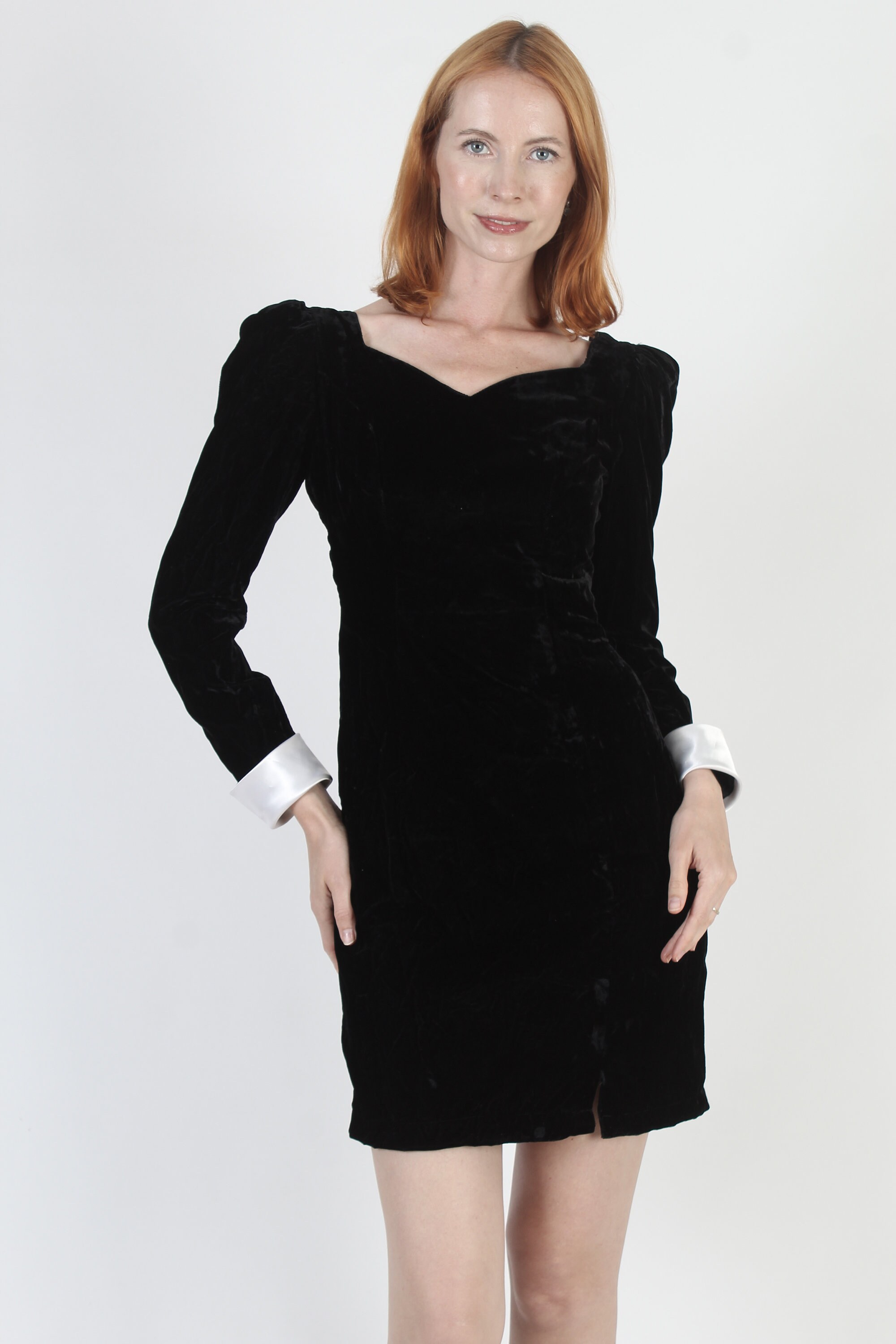 Backless Black Velvet Mini Dress, Open Back Tuxedo Cuffs