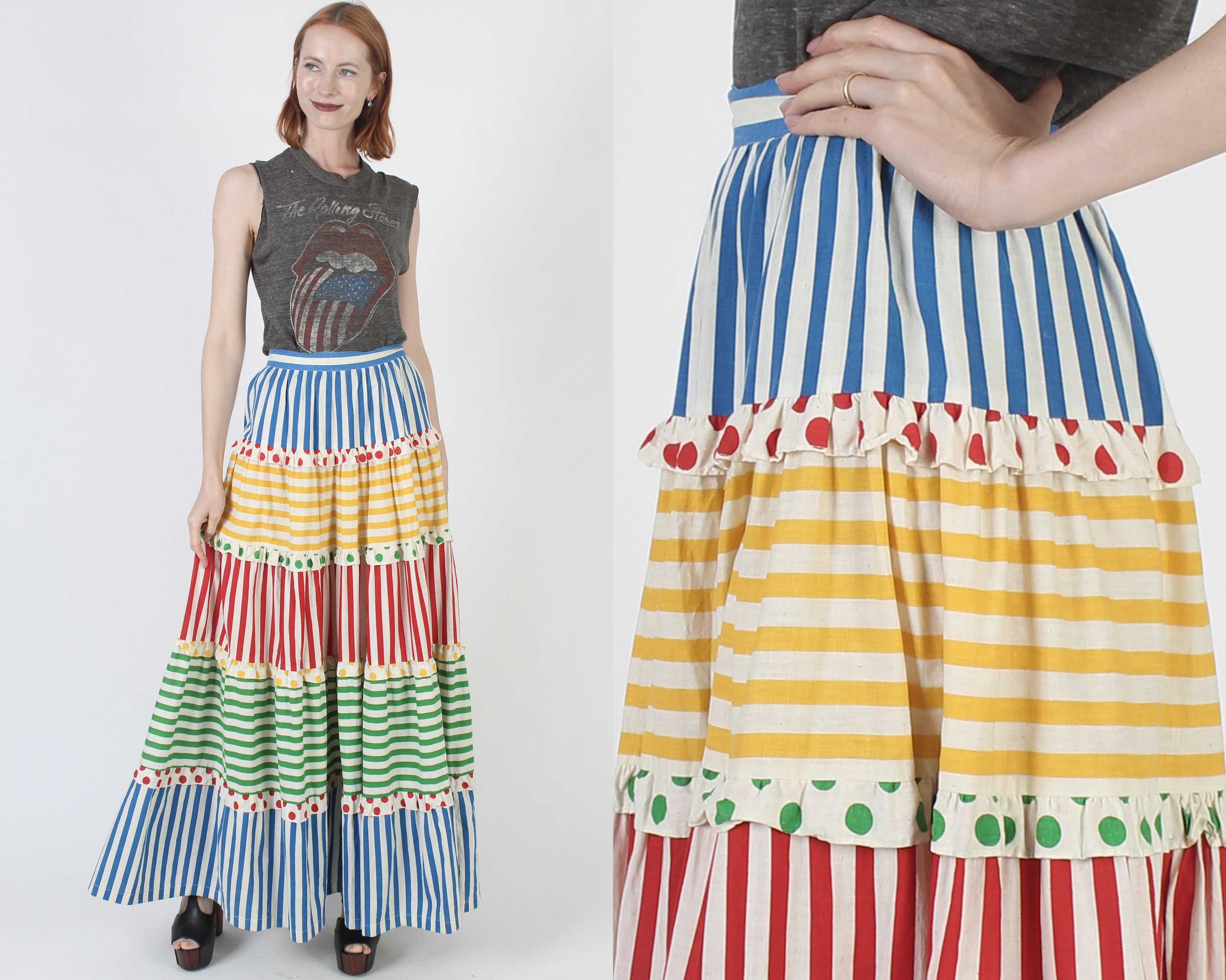 Colorful Rainbow Print Full Maxi Skirt, Vintage 70s Vertical