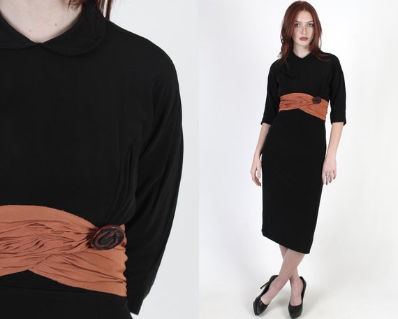 Vintage 40s Black Rayon Evening Dress, Terra Cott… - image 1