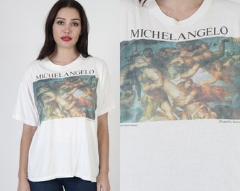 Michelangelo Classic Art Portrait Tee, Vintage 80s Paper Thin White T-Shirt