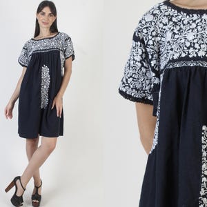 Navy Blue Oaxacan Dress, All White Hand Embroidery, Made In Mexico, Mexican Ethnic Caftan