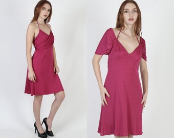 70s Disco Glam Dance Dress, Convertible Cocktail Evening Dress, Fuchsia Spaghetti Strap Mini Wrap Dress