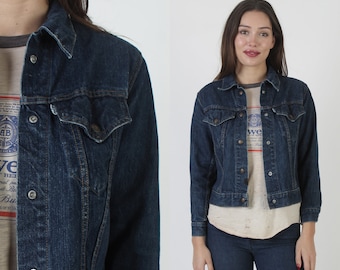 Vintage 70s Womens Levis Denim Jacket, Soft Worn Blue Cropped Jean Coat, Snap Up Short Dark Indigo