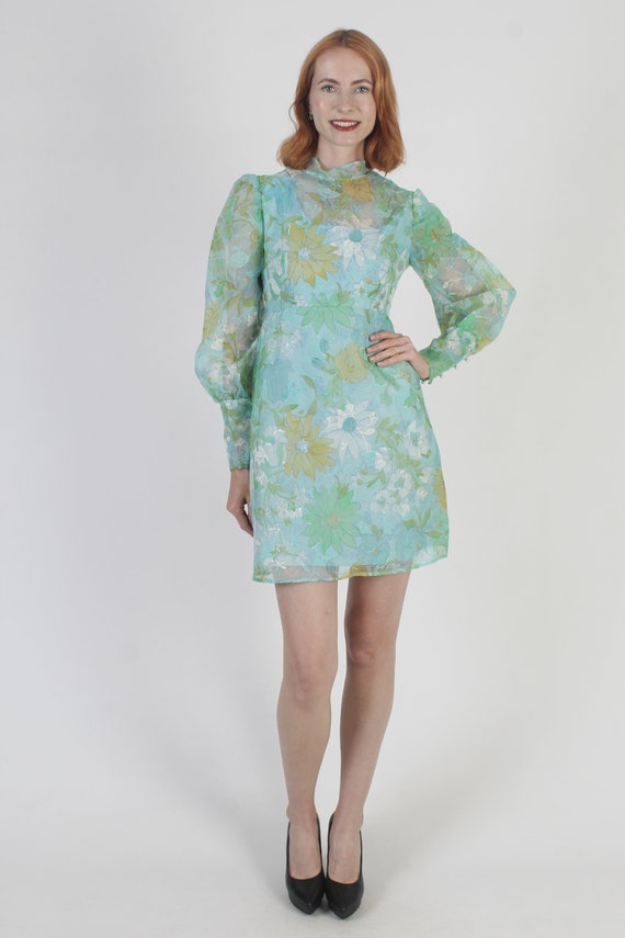 Vintage 60s Pastel Floral Dress Green All Over Pr… - image 4