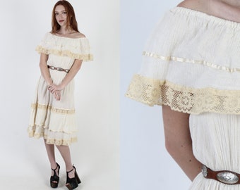 Off The Shoulder Ivory Mexican Dress / Crinkle Cotton Crochet Dress / Vintage Ethnic Wedding Mexico Gauze Party Midi Dress