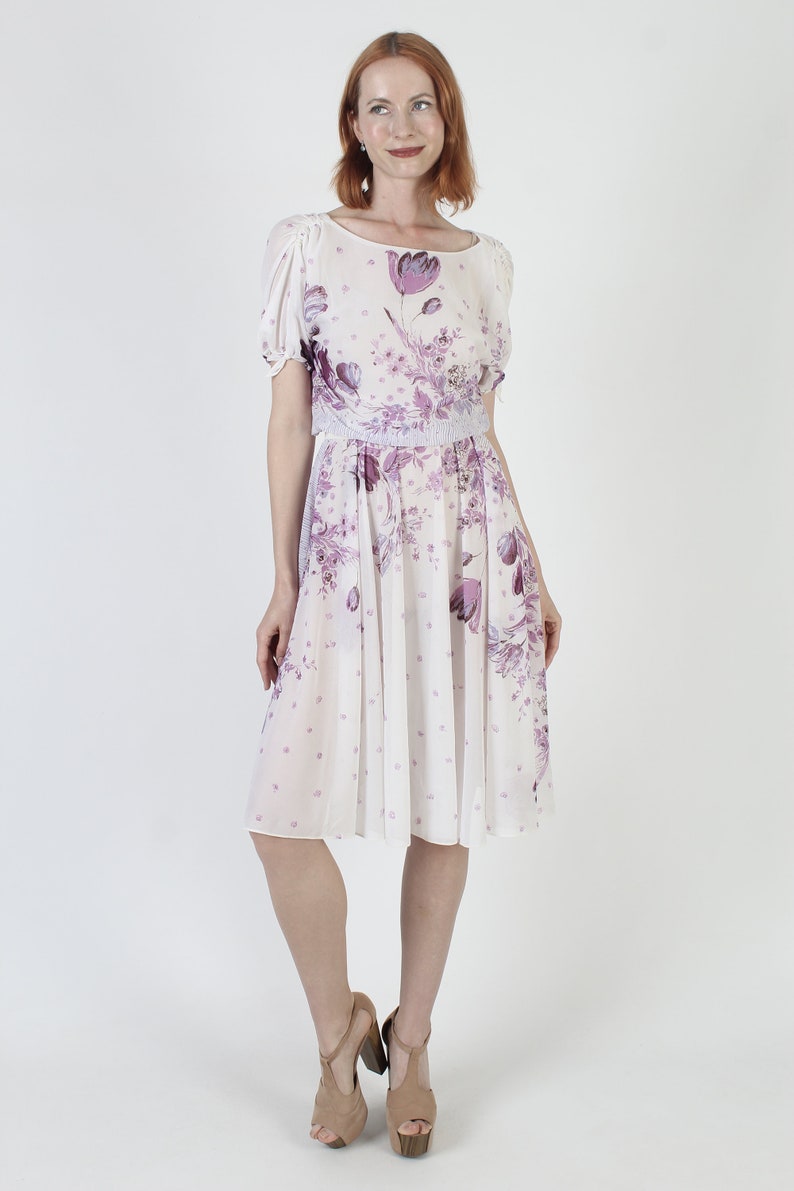 70s Thin Purple Floral Dress / Sheer Flower Full Draped Frock / Lightweight Airy Midi Sundress image 4