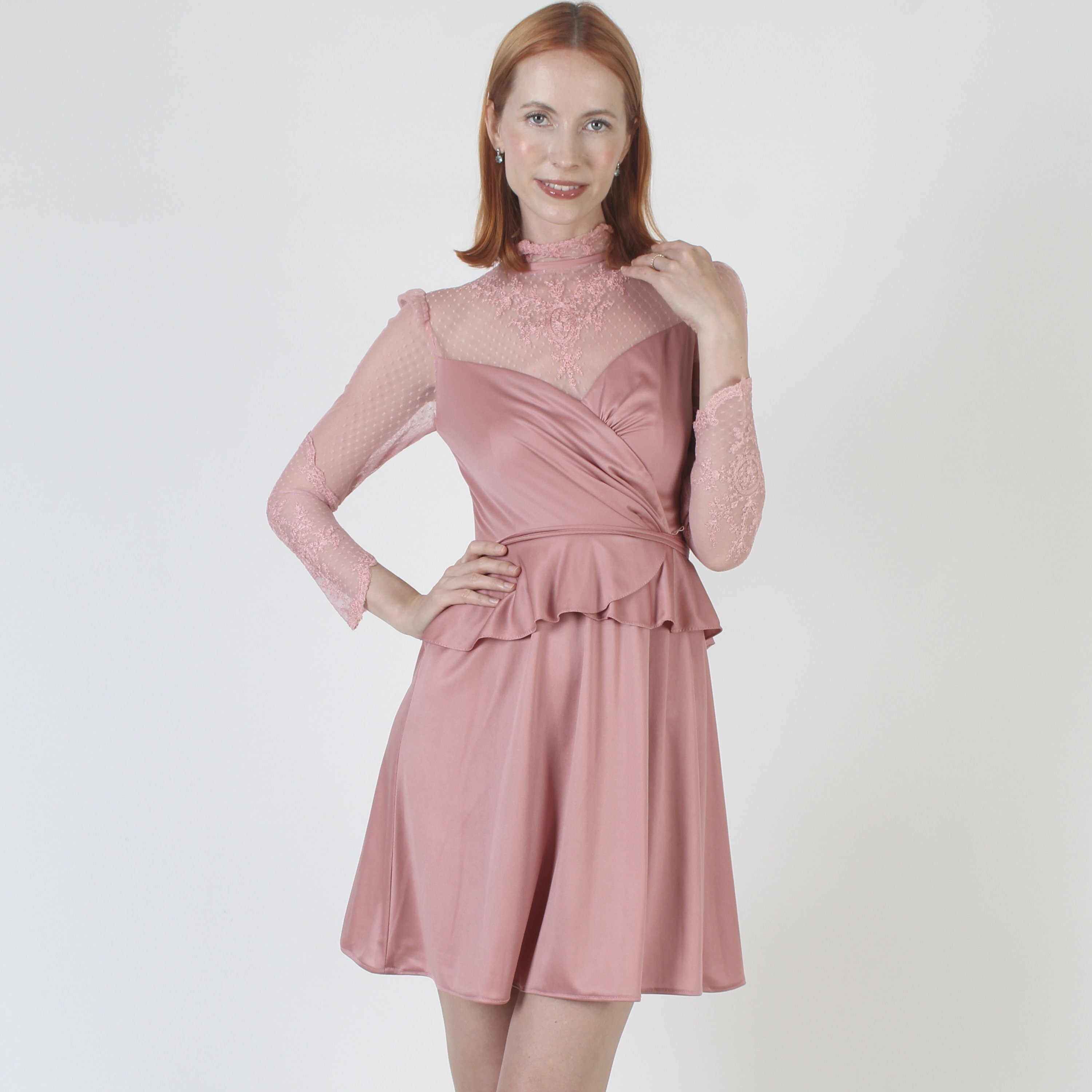 Vintage 70s Pink Mini Dress: Sheer Lace Bodice, Peplum Waist, Matching Belt