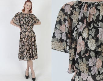 Vintage Black Floral Dress With Matching Belt, 70s Sheer Flower Print Sundress, Knee Length Belted Split Sleeve Mini