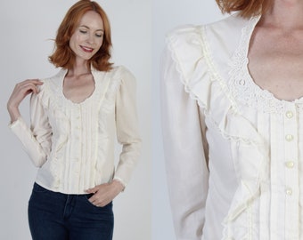 Gunne Sax Gold Label Bluse Ivory Jessica McClintock Shirt Vintage 70er Jahre schlicht viktorianischer Stil Gunnies Häkelspitze