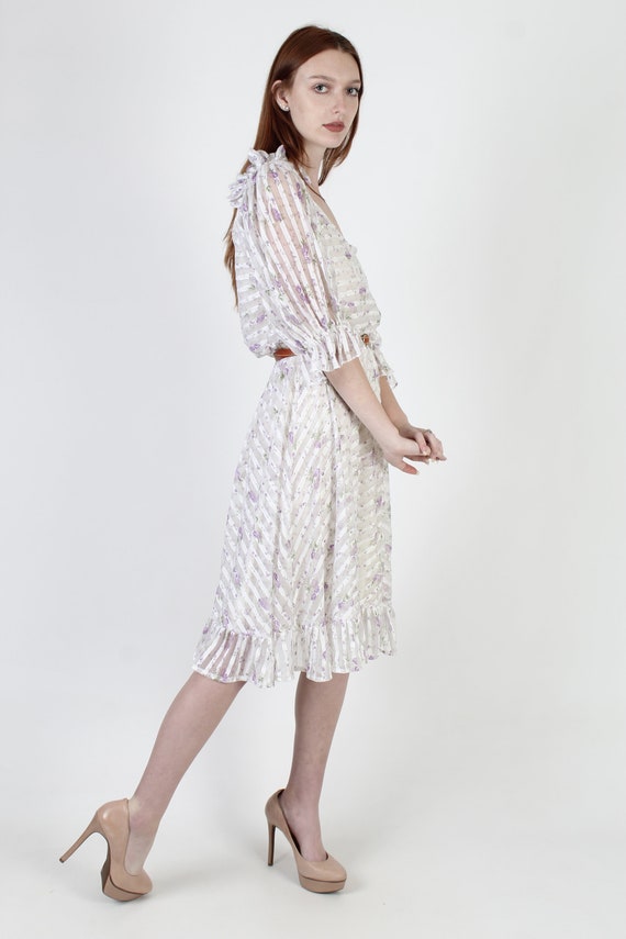 Vintage 70s Shiny Striped Dress, Sheer White Ruff… - image 4