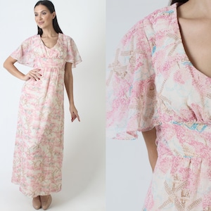 Flutter Sleeve Bohemian Dress, Windmill Print Farm Print, Vintage 70s White Prairie Sundress