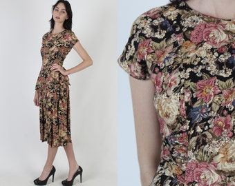 Black Floral Rose Print Dress / Romantic Garden Flower Dress / Vintage 80s 1940s Inspired Dress / Peplum Skirt Midi Mini Dress