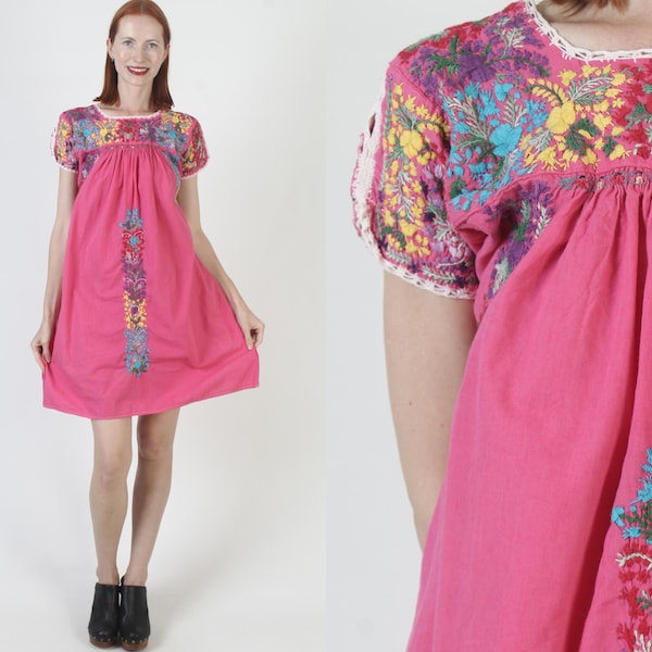 Pink Oaxacan Dress, Mexican Floral Embroidered Kaftan, San Antonio Cover Up