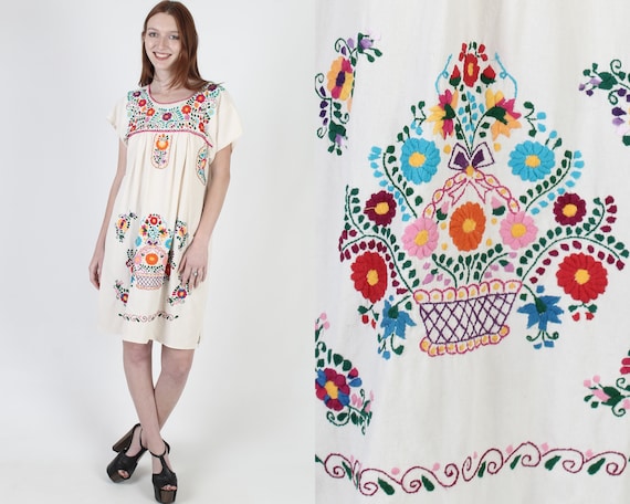 Bream Embroidered Basket Puebla Mexican Dress - image 1