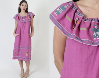 Purple Guatemalan Aztec Print Dress / Off The Shoulder Dress From Guatemala / Woven Mexican Ethnic Village Embroidered