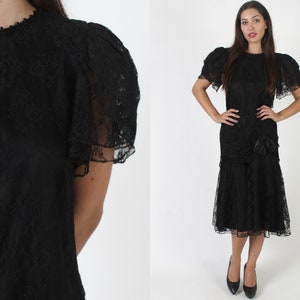 80s Gothic Wedding Dress, Sheer Black Lace, Asymmetrical Mermaid Hem, See Through Deco Midi