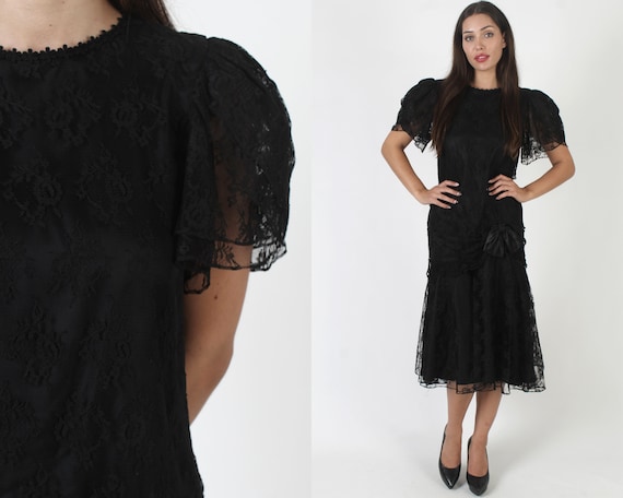 80s Gothic Wedding Dress / Sheer Black Lace Medie… - image 1