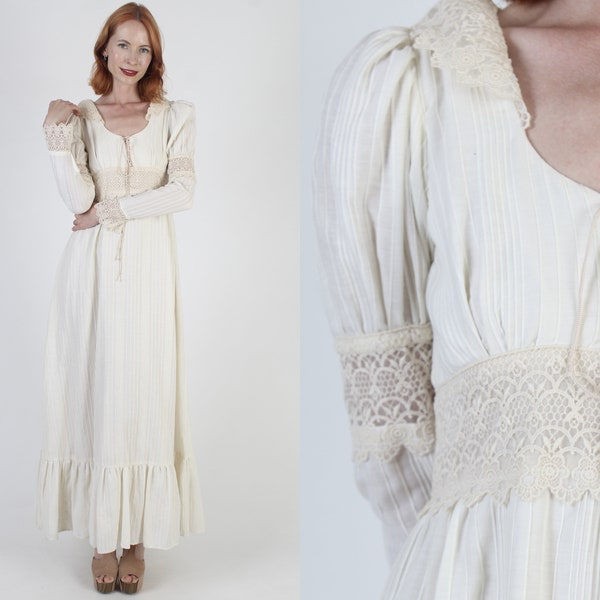 Cottagecore Gunne Sax Dress Cream Bridal Jessica McClintock Vintage 70s Corset Prairie Wedding Renaissance Fair Gown