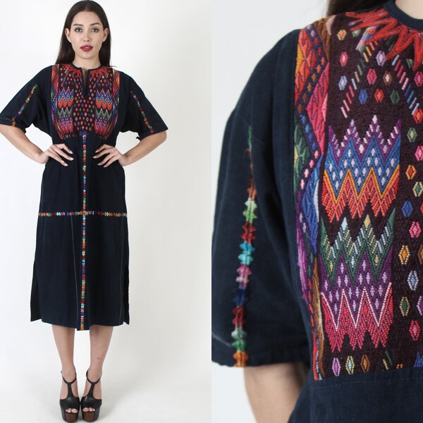 Heavily Embroidered Guatemalan Dress, Vintage Blue Denim Mexican Dress, Bright Ethnic Embroidery