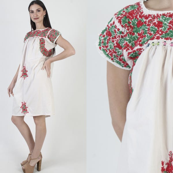 Off White Oaxacan Dress, Cotton Embroidered Mexican Caftan, San Antonio Sundress