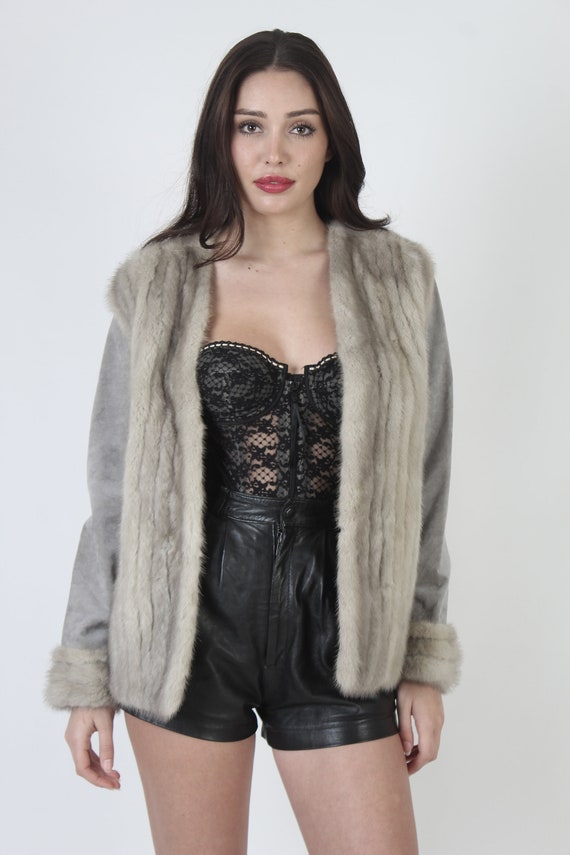 Casual Silver Mink Fur Cropped Jacket With Pocket… - image 5