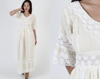 Cream Mexican Wedding Dress / South American Crochet Lace Gown / Vintage 70s Ethnic Pintuck Material / Half Bell Sleeves Maxi Oufit