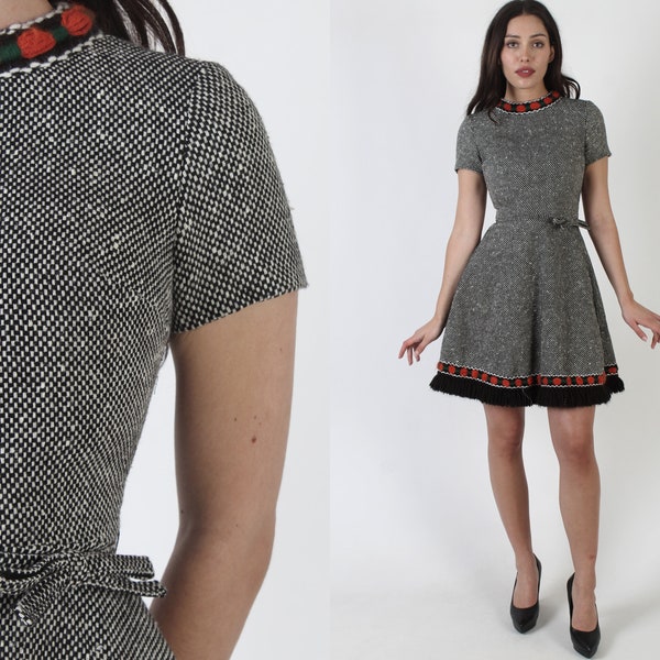 1960's Slim Nubby Tweed Scooter Dress, Vintage Embroidered Yarn Neckline, Form Fitting MCM Dress With Matching Belt