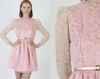 Light Pink Chiffon Floral Mini Dress / Vintage 70s Velvet All Over Flower Print / Cute Bridesmaids Outfit Short Frock