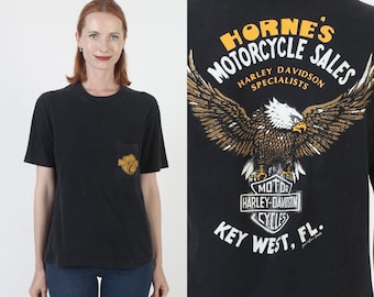 Harley Davidson Motorcycles Pocket T-Shirt, Vintage 80s 2 Sided Front Back Logo, Key West Florida Biker Dealer Tee