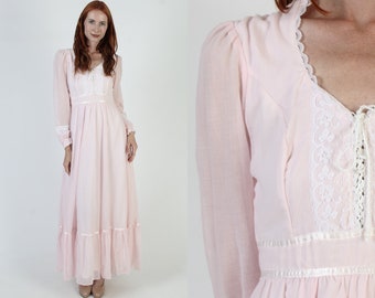 Gunne Sax Bridal Pink Maxi Dress Vintage Renaissance Bridal Lace Corset Jessica McClintock Barbiecore Wedding Gown