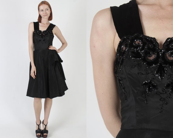 40s Black Floral Beaded Dress, Large Full Circle … - image 1