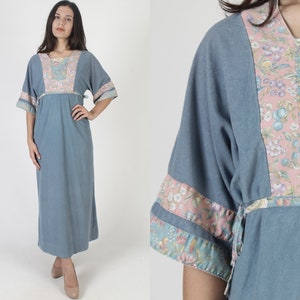 Kimono Bell Sleeve Crushed Velvet Maxi Dress, Blue Floral Pastel Boho Wedding Gown, Casual One Pocket Long Hippie Outfit image 1