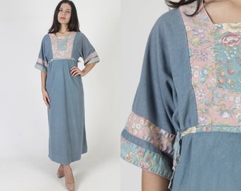 Kimono Bell Sleeve Crushed Velvet Maxi Dress, Blue Floral Pastel Boho Wedding Gown, Casual One Pocket Long Hippie Outfit