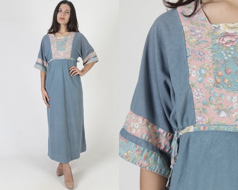 Kimono Bell Sleeve Crushed Velvet Maxi Dress, Blue Floral Pastel Boho Wedding Gown, Casual One Pocket Long Hippie Outfit image 1