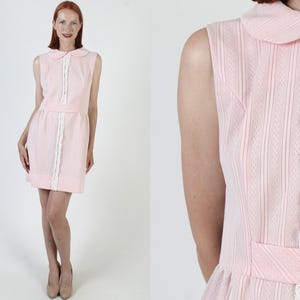 60s Peter Pan Collar Dress, Vintage White Striped Frock, Vertical Lined Micro Mini, Light Pink Sundress