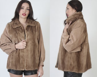 80s Autumn Haze Mink Fur Coat, Soft Micro Suede Tan Sleeves, Zip Up Unisex Overcoat Jacket