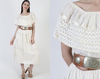 Off White Cotton Mexican Dress, Traditional Crochet Embroidery, Cream Off Shoulder Maxi