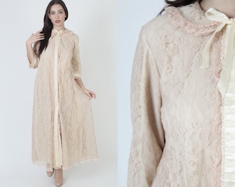 Vintage 60s Odette Barsa Nylon Lace Peignoir Robe Dressing Gown