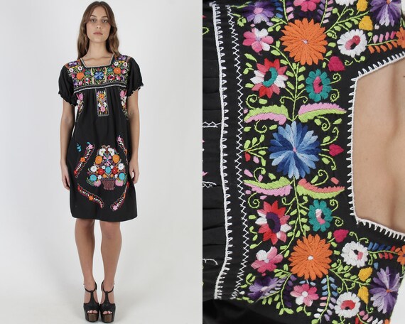 Black Mexican Mini Dress / Vintage Authentic Puebl