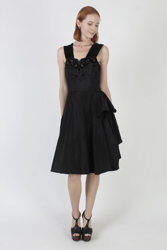 40s Black Floral Beaded Dress, Large Full Circle … - image 3