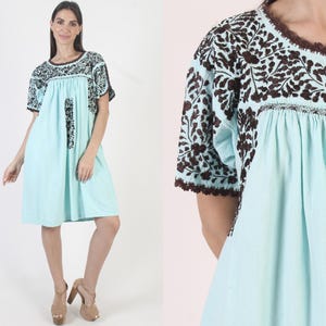 Mexican Hand Embroidered Oaxacan Dress, Plus Size Mint Caftan, San Antonio Sundress With Pockets