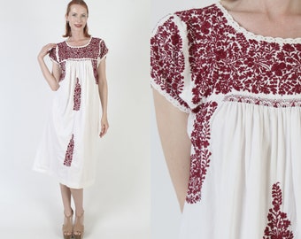 Mexican All Burgundy Heavily Embroidered Dress White Oaxacan Fiesta Puebla Vintage San Antonio Style Quinceanera