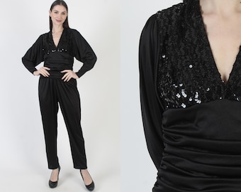 Black Disco Jumpsuit, Womens Sequin Playsuit, 80s Glam Pant Suit, Open Back